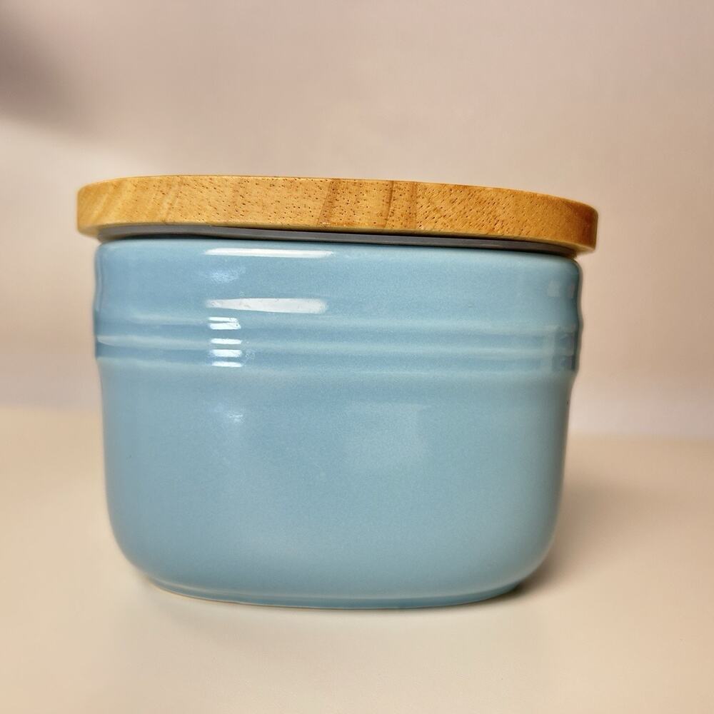 Large DOWAN Ceramic Butter Dish Wood Lid Turquoise 6.5" x 3.5" Classic Simple - Picture 4 of 11